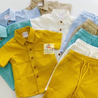 Boys Summer Outfits Casual Style 2 Piece Set Solid Waffle Knit Button Down Short Sleeve Shirt + Elastic Waist Shorts