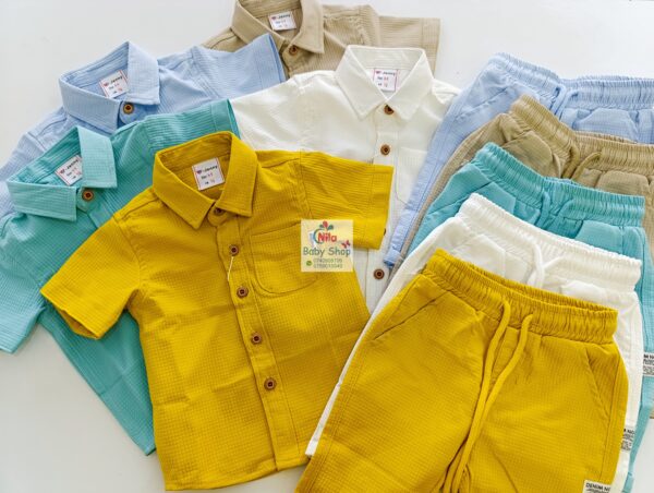 Boys Summer Outfits Casual Style 2 Piece Set Solid Waffle Knit Button Down Short Sleeve Shirt + Elastic Waist Shorts