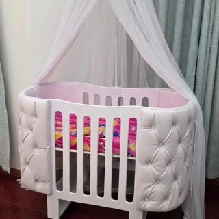 Elegant Designer Baby Cot with Satin-Cushioned Panels and Canopy Drape