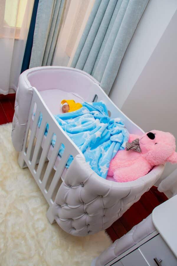 Elegant Designer Baby Cot with Satin-Cushioned Panels and Canopy Drape - Image 8