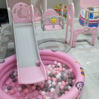 Kids 4 in 1 Playset with Slide, Swing, Basketball Hoop and Ball Pit