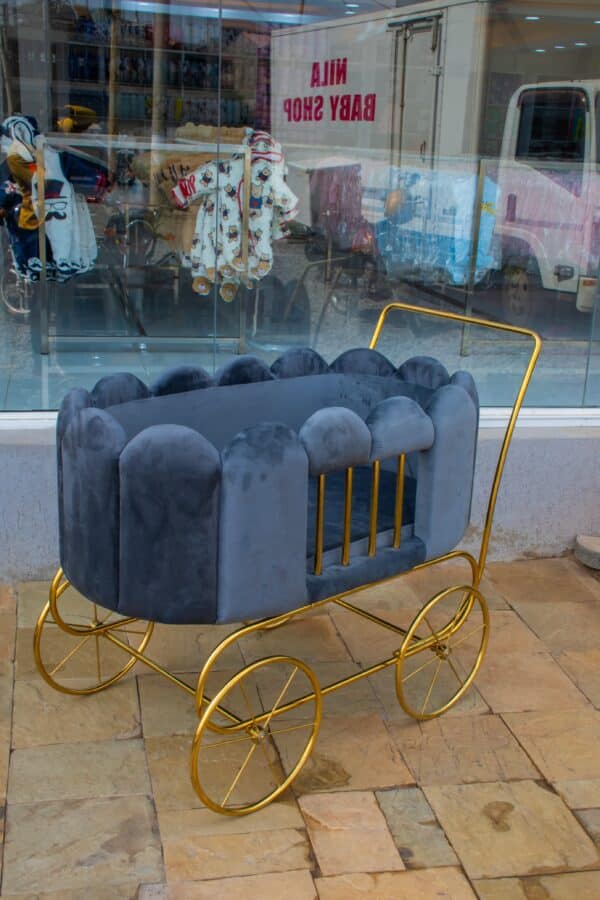 Luxury Velvet Baby Bassinet Stroller – Gold Frame - Image 3