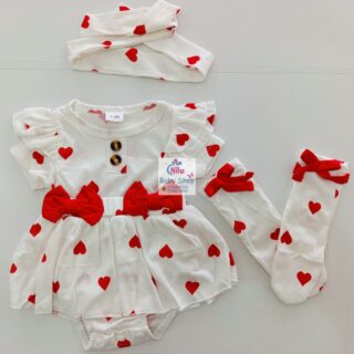 Baby Girl Heart Print Outfit Set with Dress, Headband, and Stockings – 3 Piece Set