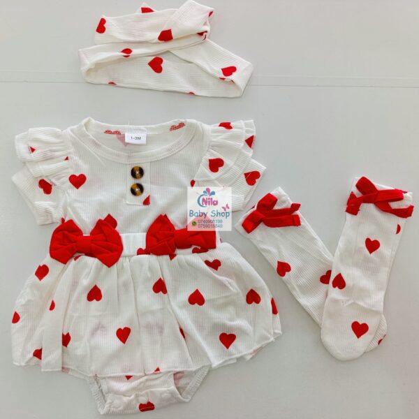 Baby Girl Heart Print Outfit Set with Dress, Headband, and Stockings – 3 Piece Set