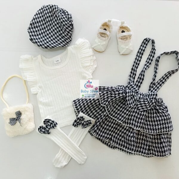 Baby Girl Houndstooth Outfit Set with Top, Skirt, Hat, and Stockings – 4 Piece Set - Image 3
