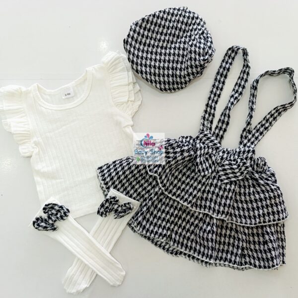 Baby Girl Houndstooth Outfit Set with Top, Skirt, Hat, and Stockings – 4 Piece Set