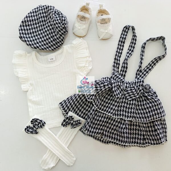 Baby Girl Houndstooth Outfit Set with Top, Skirt, Hat, and Stockings – 4 Piece Set - Image 2