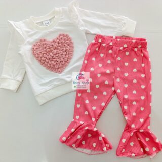 Baby Girl Two-Piece Outfit – White Long Sleeve Top with Pink Textured Heart & Pink Ruffle Hem Pants with White Hearts