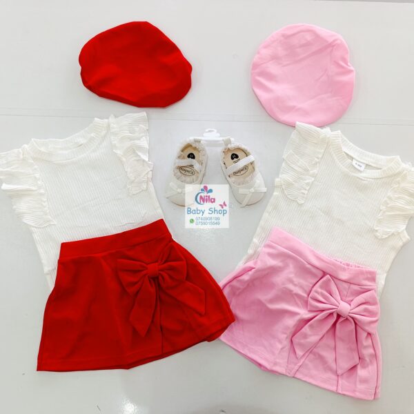 Baby Girl 3-Piece Outfit – White Ruffle Sleeve Top, Skirt with Bow & Matching Beret Hat - Image 5