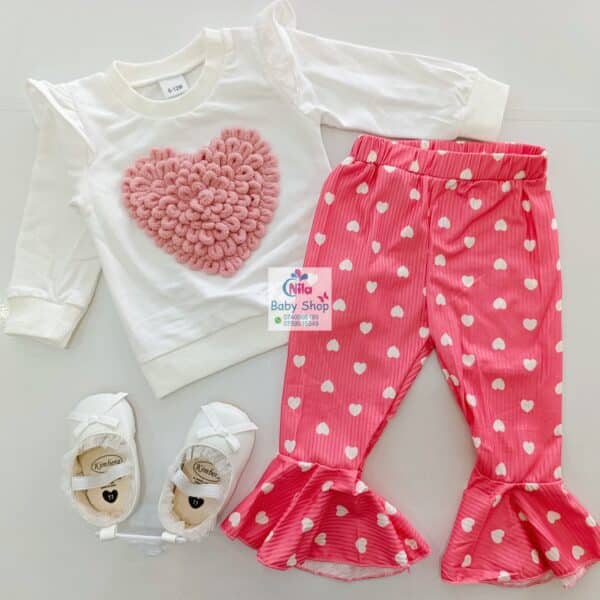 Baby Girl Two-Piece Outfit – White Long Sleeve Top with Pink Textured Heart & Pink Ruffle Hem Pants with White Hearts - Image 2
