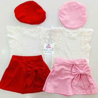 Baby Girl 3-Piece Outfit – White Ruffle Sleeve Top, Skirt with Bow & Matching Beret Hat
