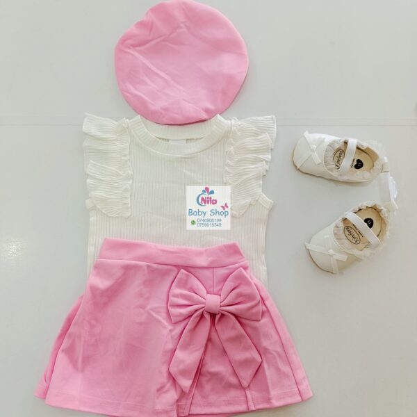Baby Girl 3-Piece Outfit – White Ruffle Sleeve Top, Skirt with Bow & Matching Beret Hat - Image 6