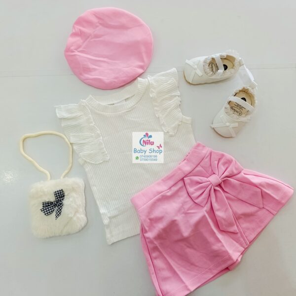 Baby Girl 3-Piece Outfit – White Ruffle Sleeve Top, Skirt with Bow & Matching Beret Hat - Image 3