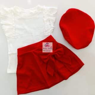Baby Girl 3-Piece Outfit – White Ruffle Sleeve Top, Skirt with Bow & Matching Beret Hat - Red