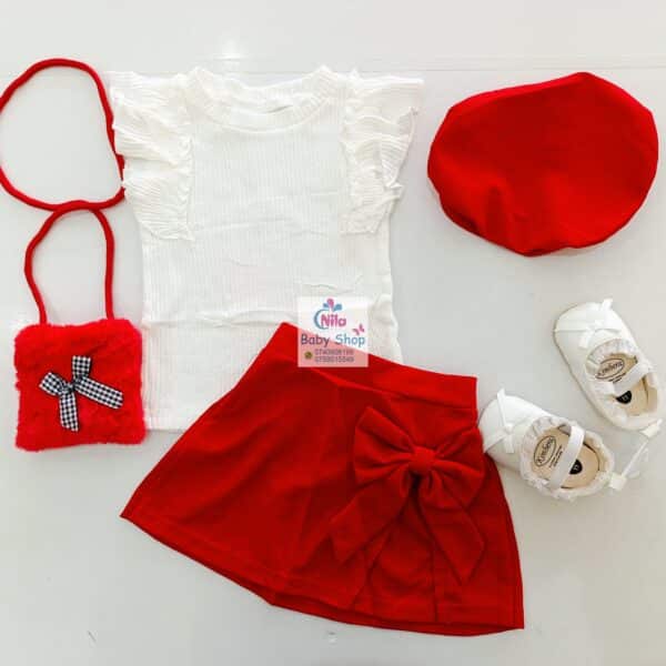 Baby Girl 3-Piece Outfit – White Ruffle Sleeve Top, Skirt with Bow & Matching Beret Hat - Image 4