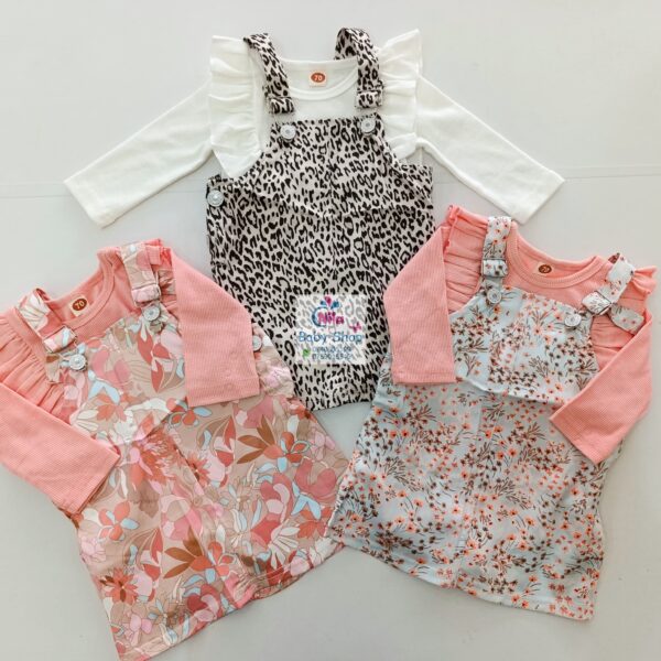 Baby Girl Overall Dress Set – Stylish Printed Pinafore with Matching Ruffle Sleeve Top (Floral & Leopard Prints)