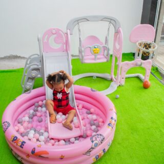 Kids 4 in 1 Playset with Slide, Swing, Basketball Hoop and Ball Pit