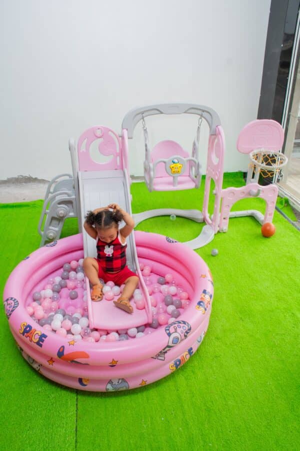 Kids 4 in 1 Playset with Slide, Swing, Basketball Hoop and Ball Pit