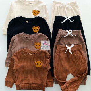 Baby Ribbed Cotton Outfit Set – Long Sleeve Top & Pants with Cute Bear Patch (Unisex Toddler Tracksuit)