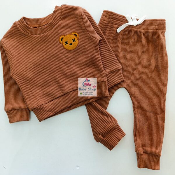 Baby Ribbed Cotton Outfit Set – Long Sleeve Top & Pants with Cute Bear Patch (Unisex Toddler Tracksuit) - Image 3