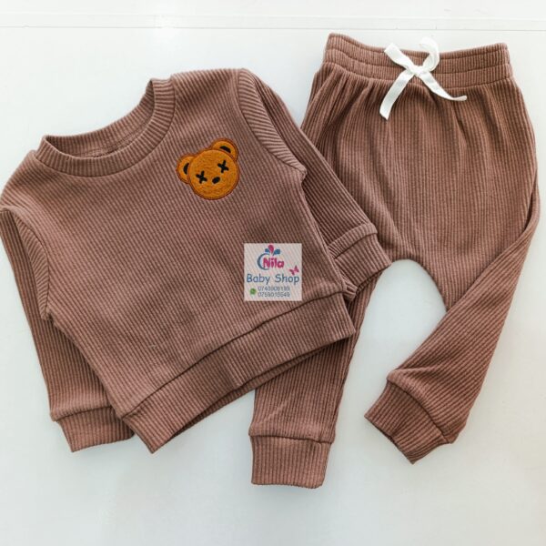 Baby Ribbed Cotton Outfit Set – Long Sleeve Top & Pants with Cute Bear Patch (Unisex Toddler Tracksuit) - Image 4