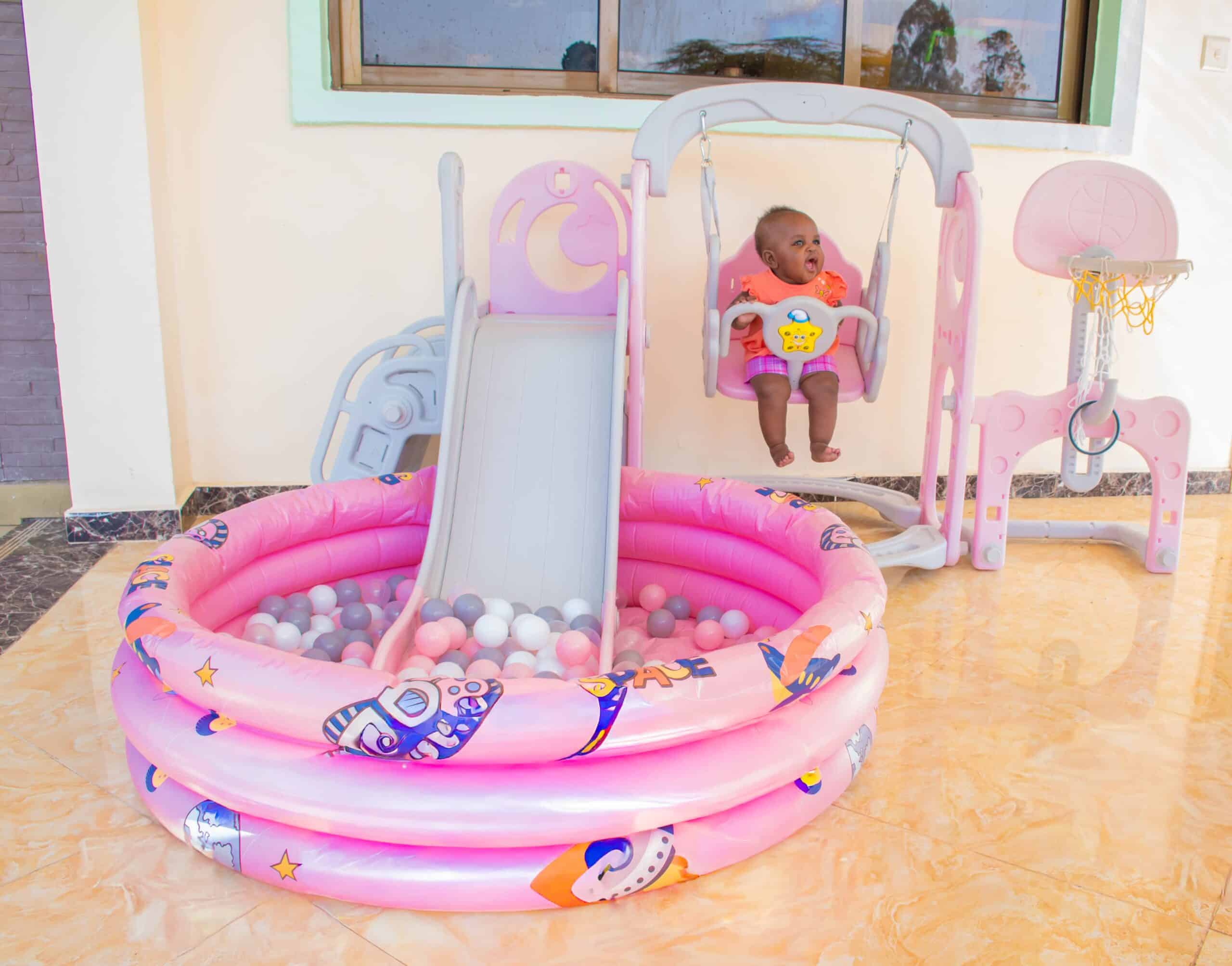 Kids 4 in 1 Playset with Slide, Swing, Basketball Hoop and Ball Pit