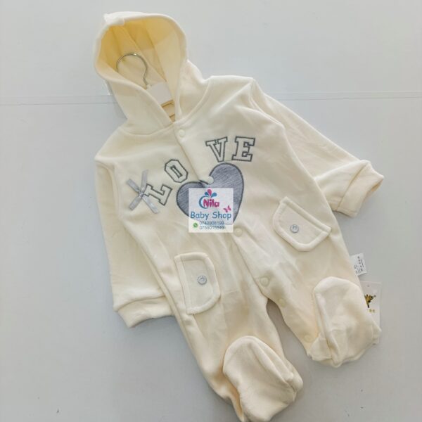 LOVE Fleece Baby Romper with Hood and Footies – Warm Infant Jumpsuit - Image 3