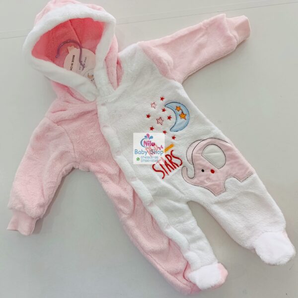 Baby Fleece Hooded Jumpsuit with Elephant Print – Cozy Winter Romper for Newborns - Image 3