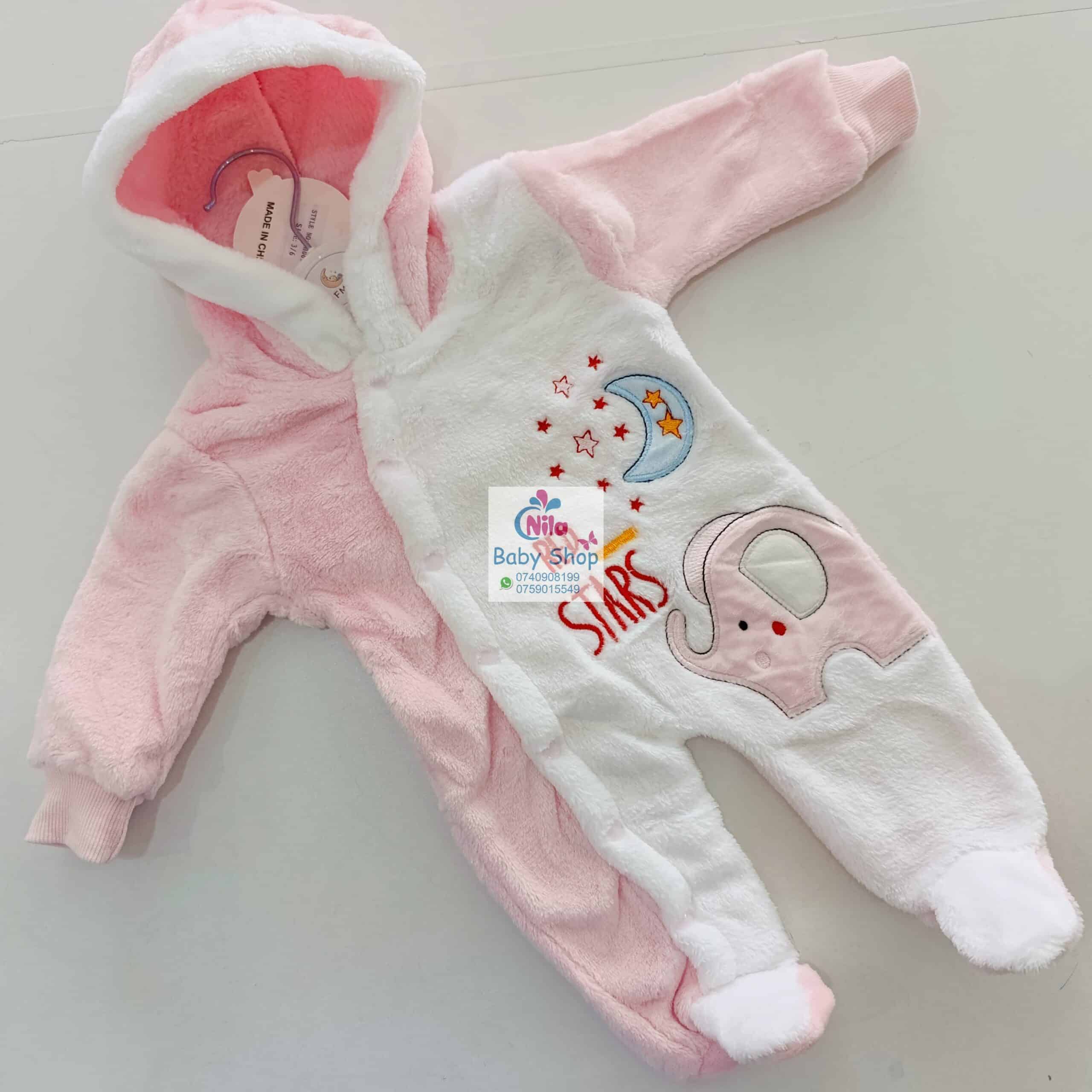 Baby Fleece Hooded Jumpsuit with Elephant Print – Cozy Winter Romper for Newborns - Image 3