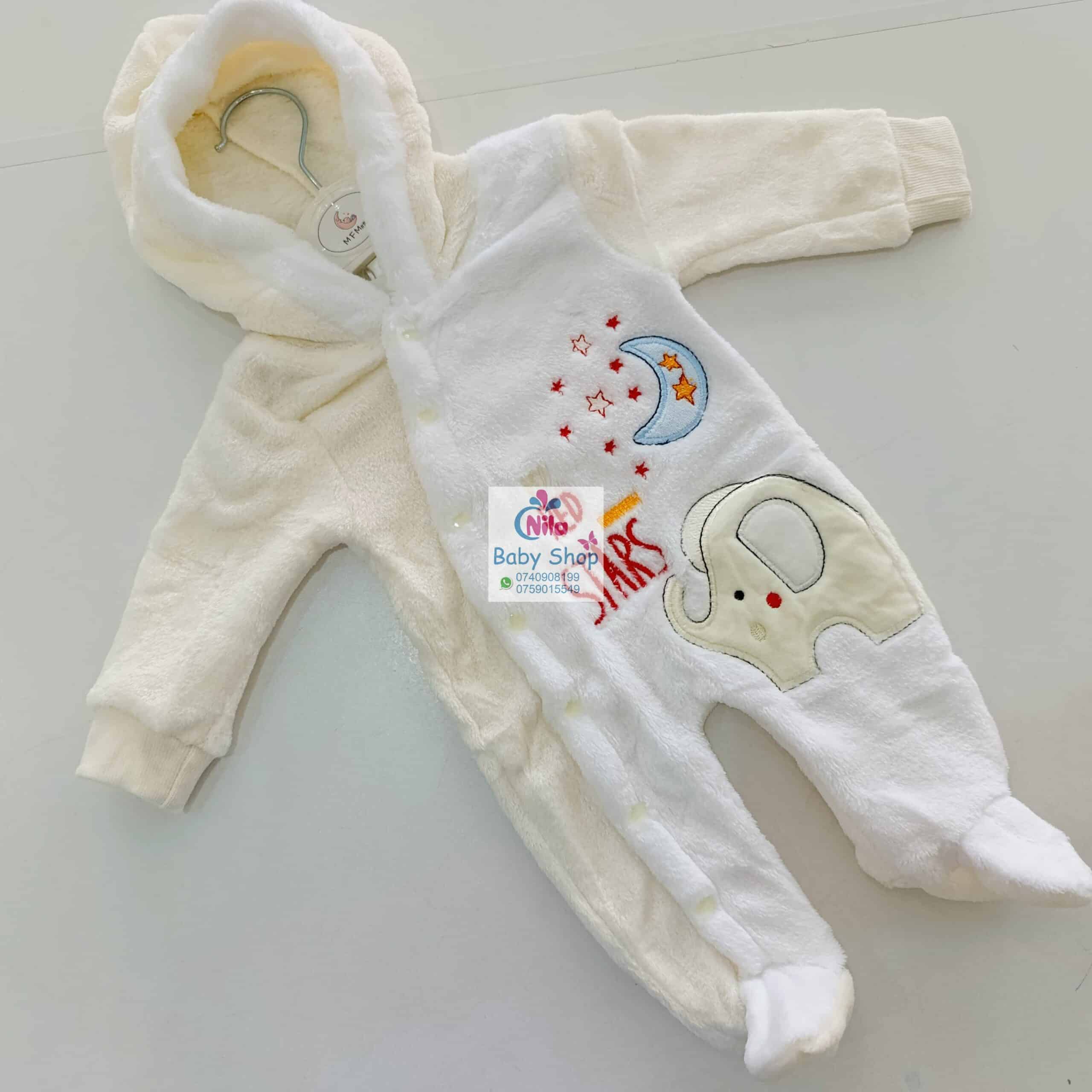 Baby Fleece Hooded Jumpsuit with Elephant Print – Cozy Winter Romper for Newborns - Image 4