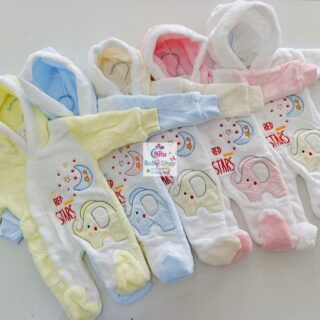 Baby Fleece Hooded Jumpsuit with Elephant Print – Cozy Winter Romper for Newborns