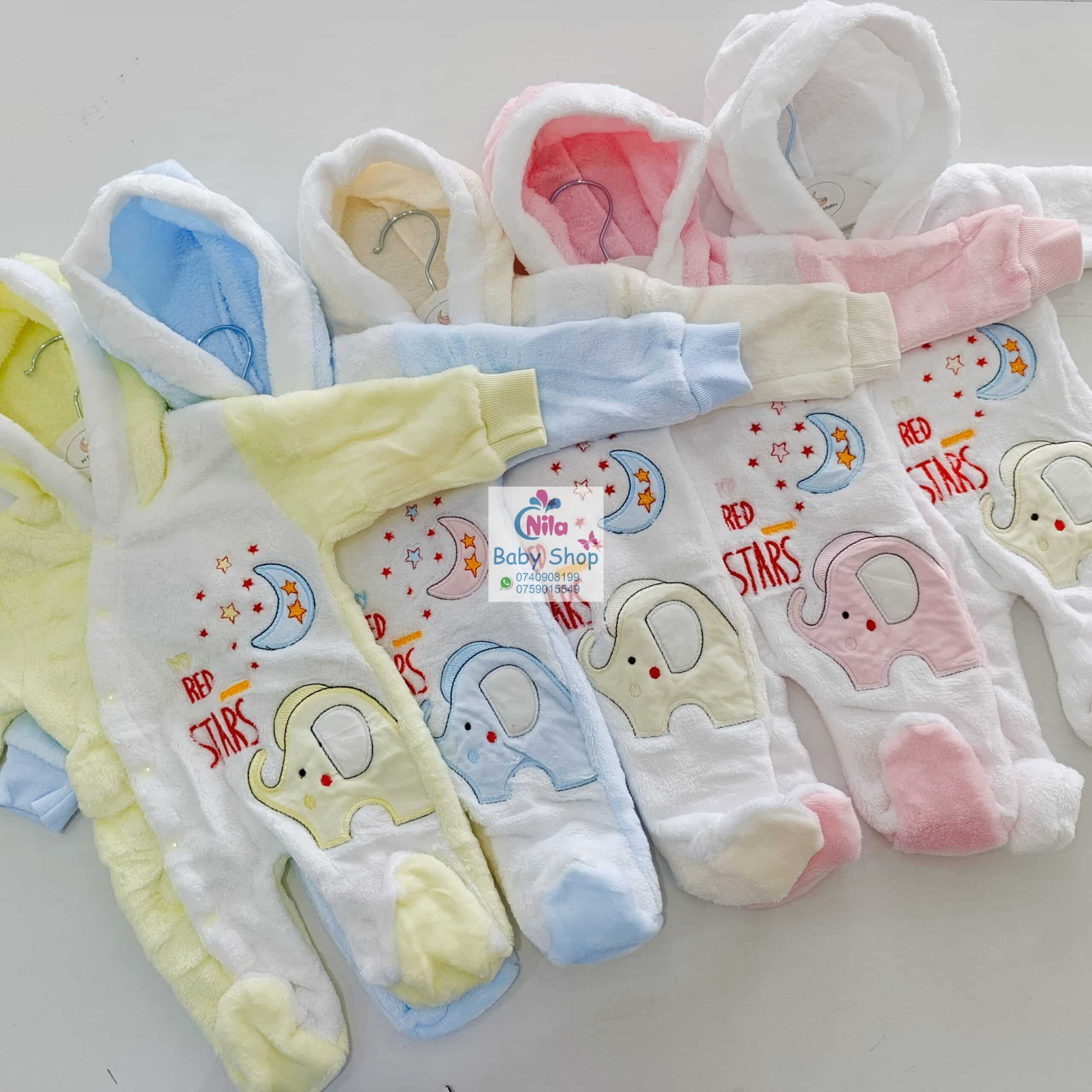 Baby Fleece Hooded Jumpsuit with Elephant Print – Cozy Winter Romper for Newborns