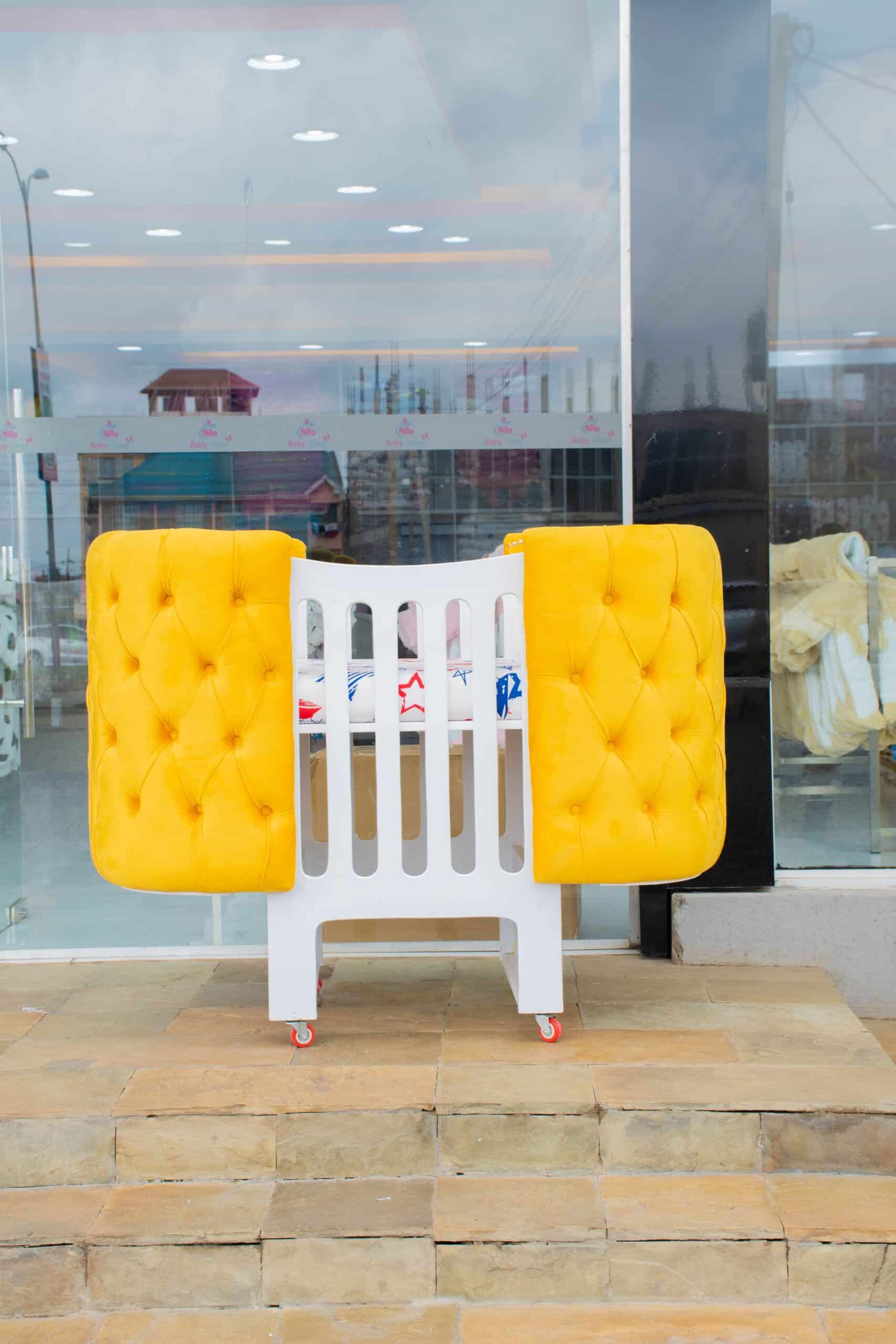 Elegant Designer Baby Cot with Satin-Cushioned Panels and Canopy Drape - Image 7