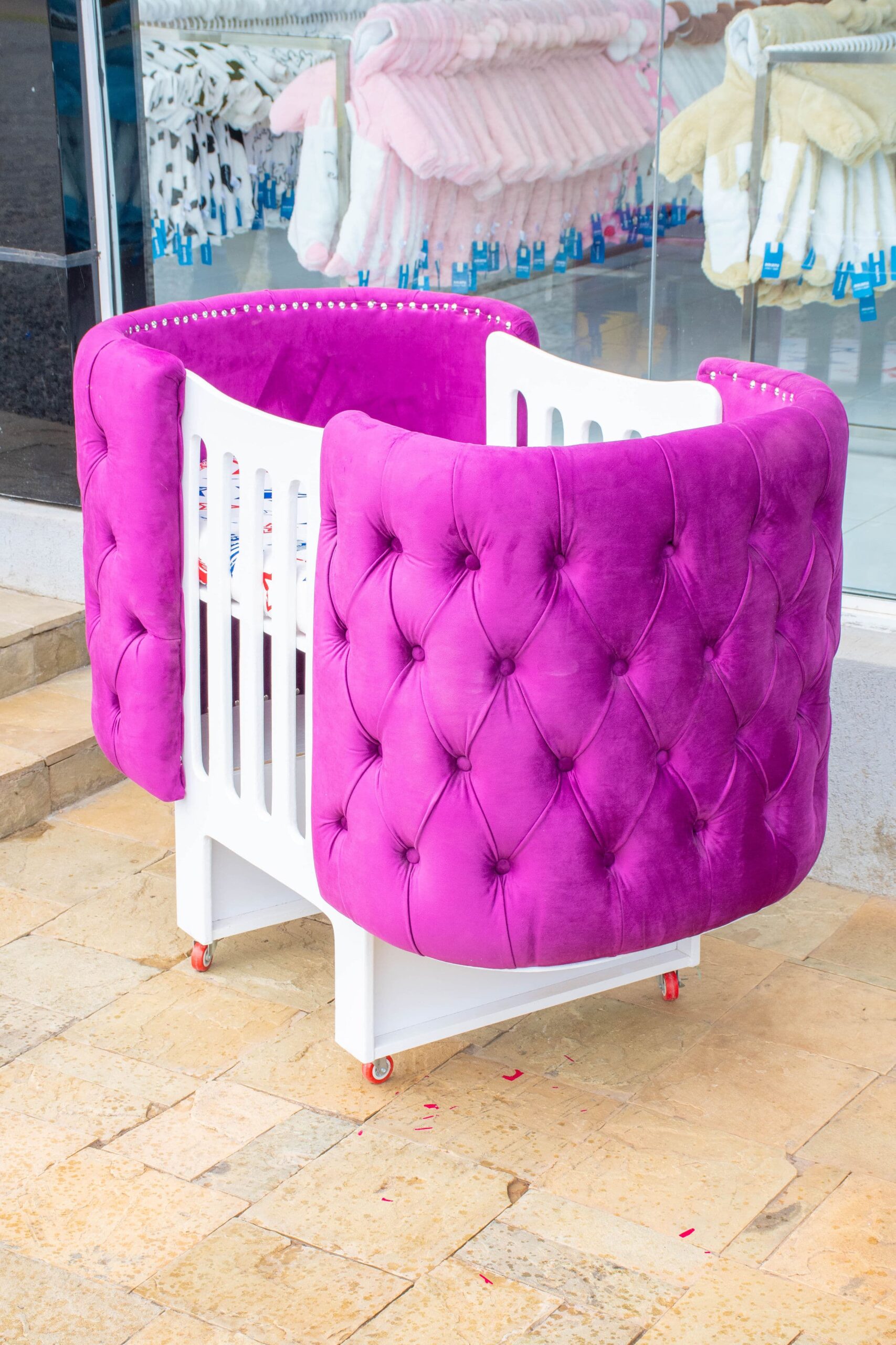 Elegant Designer Baby Cot with Satin-Cushioned Panels and Canopy Drape - Image 6