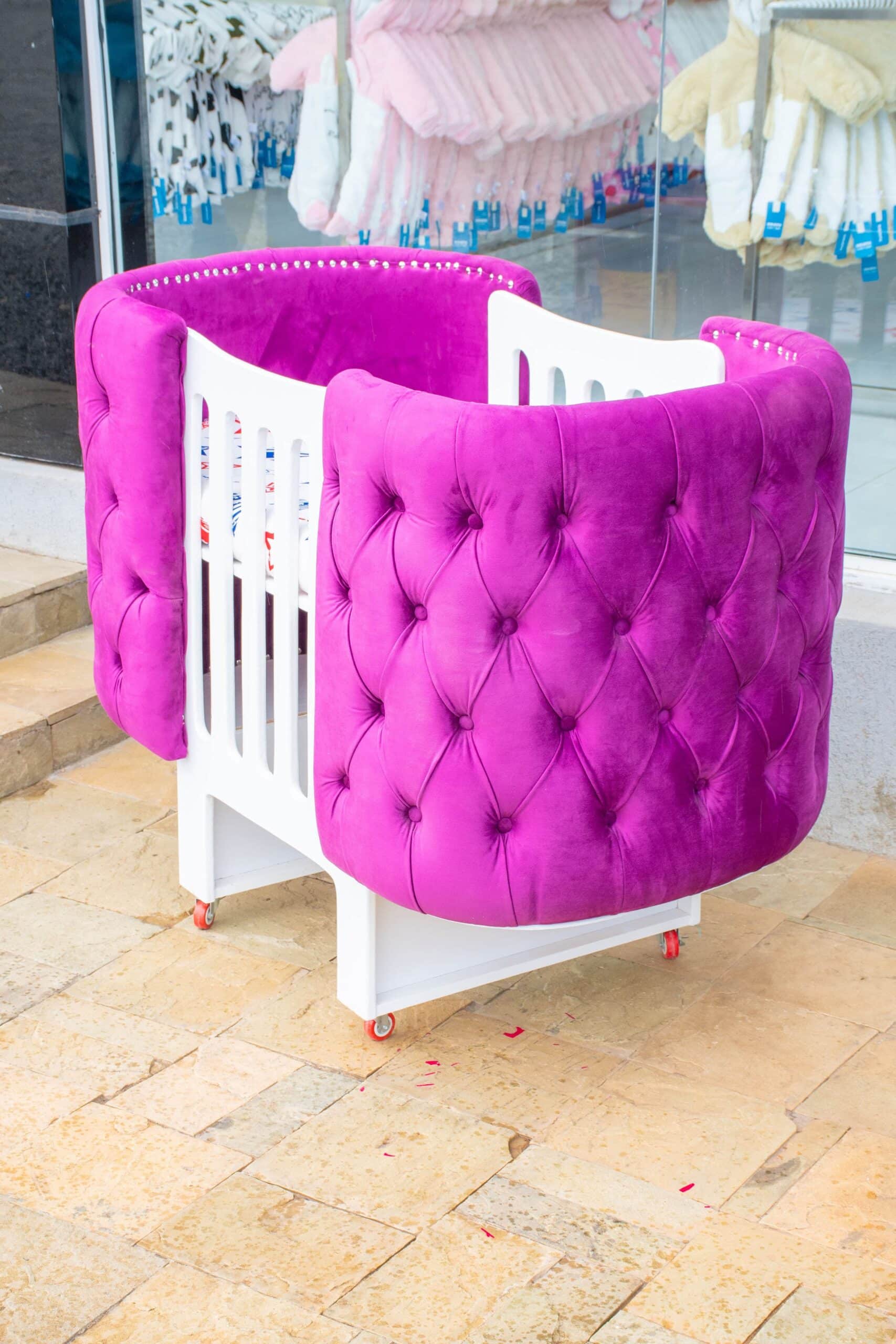 Elegant Designer Baby Cot with Satin-Cushioned Panels and Canopy Drape - Image 5