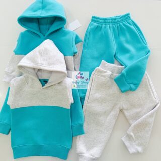 Kids Color Block Fleece Hoodie Tracksuit Set