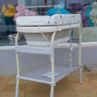 Foldable Baby Bath Station with Changing Mat, Storage Shelf & Lockable Wheels