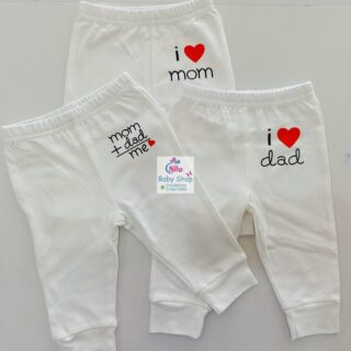 Personalized “I Love Mom & Dad” Baby Cotton Pants Set – Soft White Infant Leggings (3-Pack)