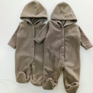 Cozy Fleece Baby Romper with Hood Warm Footed Jumpsuit with Snap Buttons - Brown