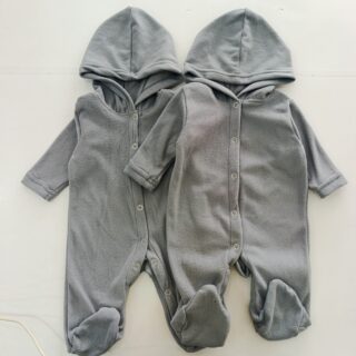 Cozy Fleece Baby Romper with Hood Warm Footed Jumpsuit with Snap Buttons - Grey