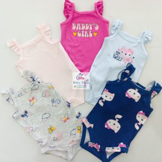 Baby Girl Cotton Bodysuit Bundle – 5 Piece Sleeveless Onesie Set (Cute Everyday Essentials)