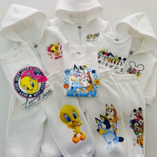 Kids White Cartoon Outfit Set – Printed T-Shirt & Matching Tracksuit