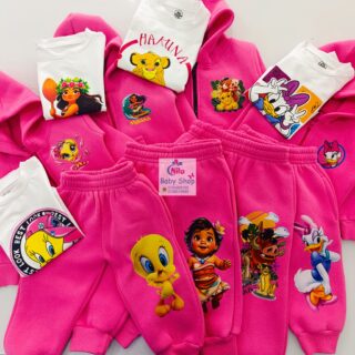 Girls Pink Cartoon Tracksuit Set – Warm Hoodie & Jogger Outfit