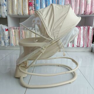 Luxury Baby Rocking Bassinet with Canopy, Mosquito Net & Plush Toy Mobile – Portable Newborn Sleeper (Beige)