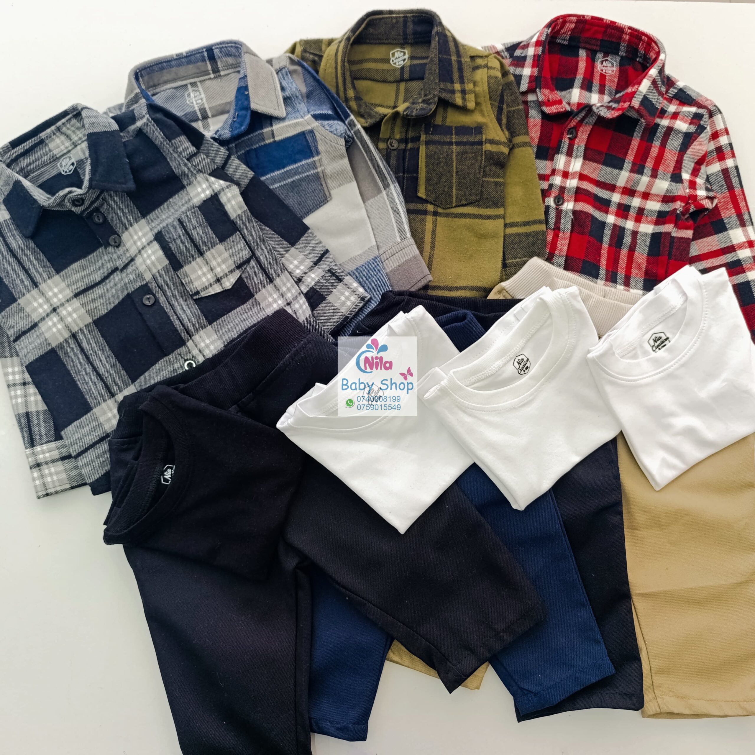 Kids 3 Piece Plaid Shirt Set – Long Sleeve Checkered Shirt, Plain White T-Shirt & Khaki Pants - Image 9