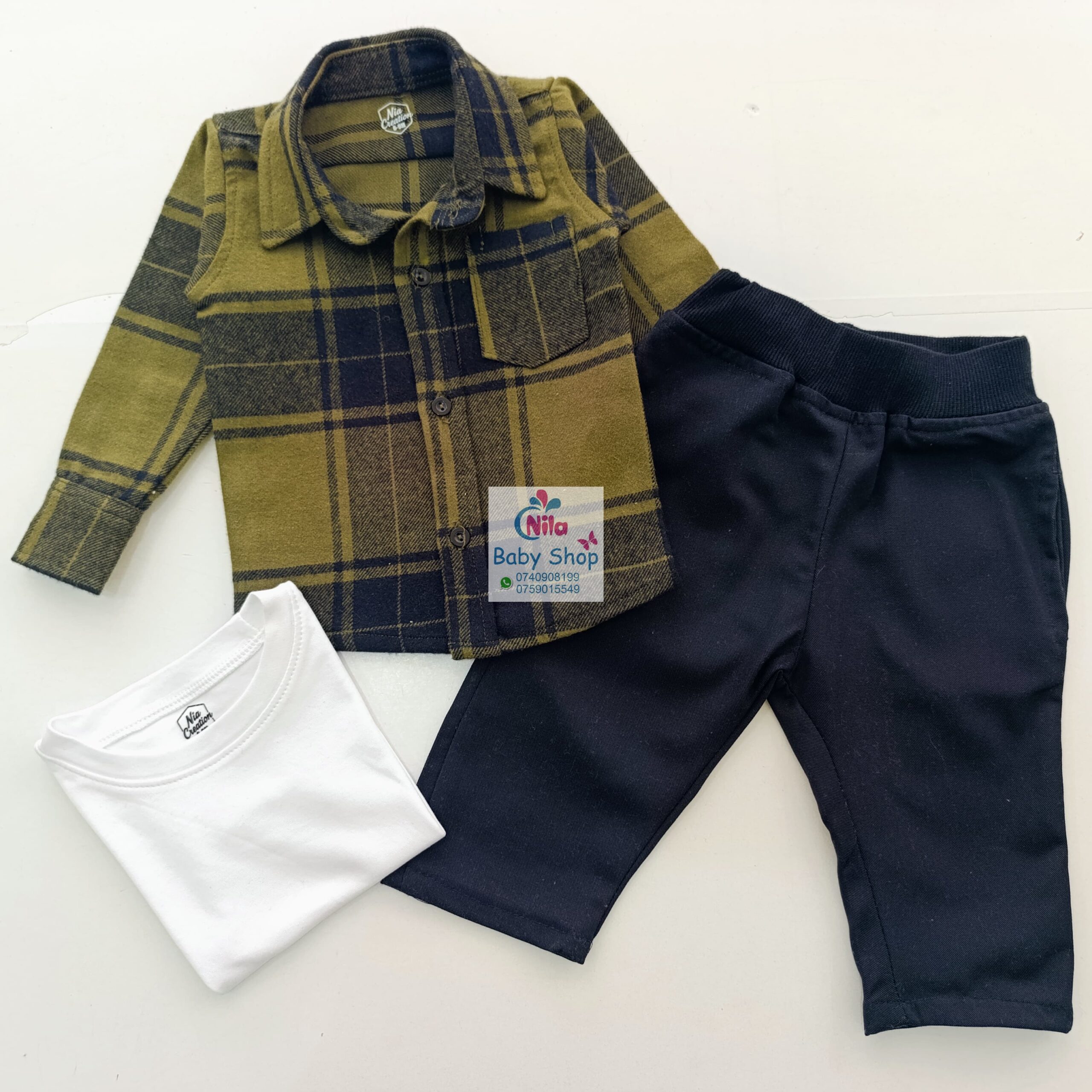 Kids 3 Piece Plaid Shirt Set – Long Sleeve Checkered Shirt, Plain White T-Shirt & Khaki Pants - Image 10