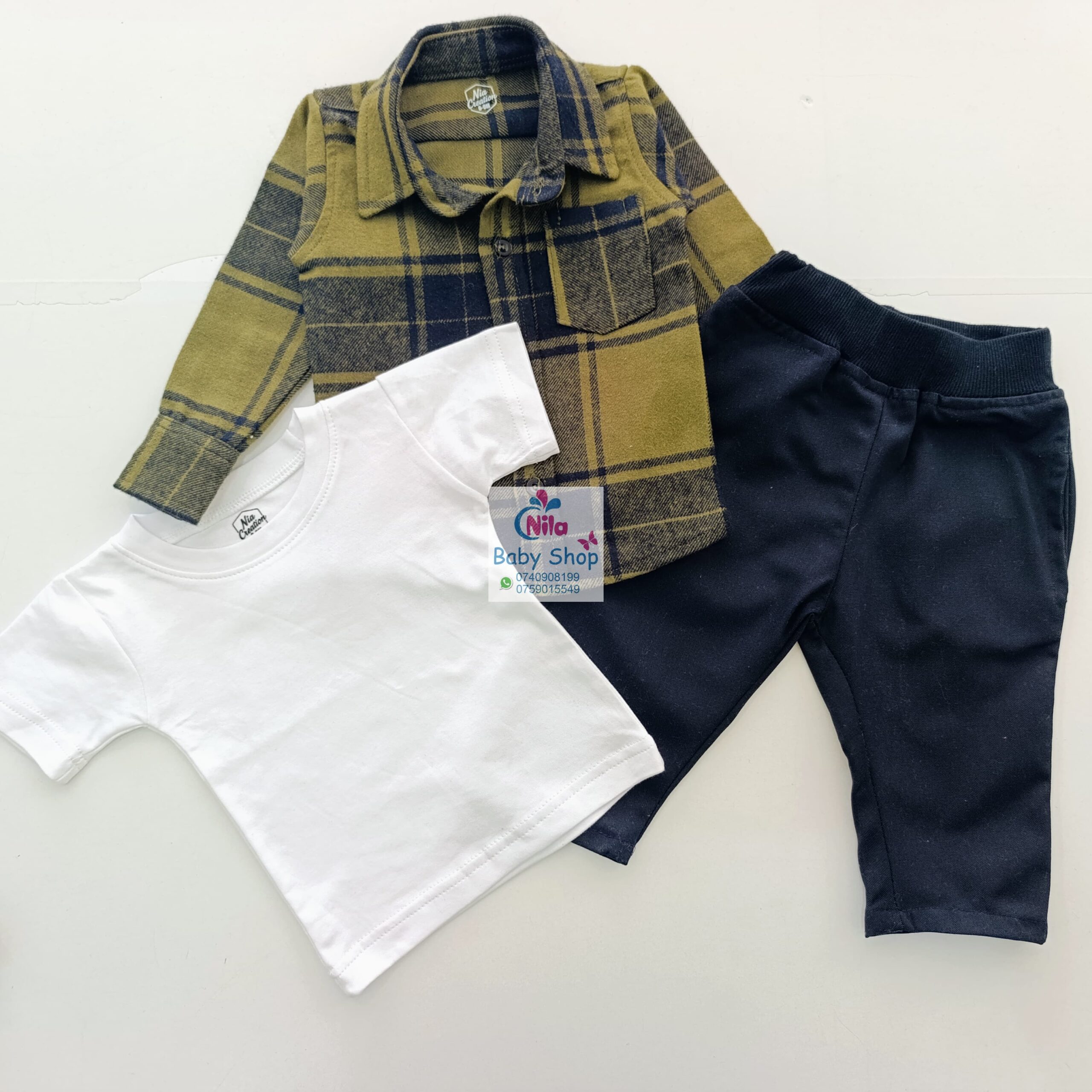 Kids 3 Piece Plaid Shirt Set – Long Sleeve Checkered Shirt, Plain White T-Shirt & Khaki Pants - Image 8