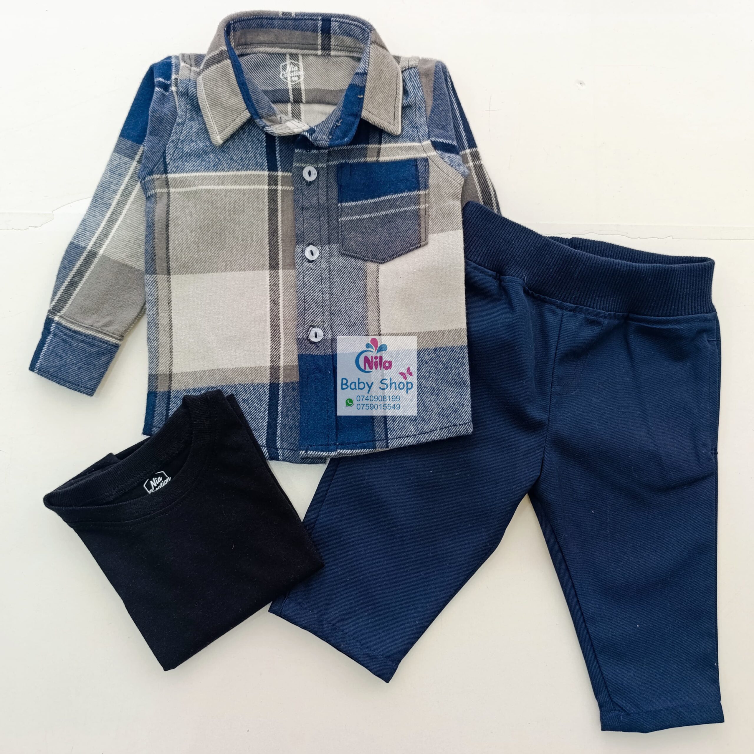 Kids 3 Piece Plaid Shirt Set – Long Sleeve Checkered Shirt, Plain White T-Shirt & Khaki Pants - Image 7