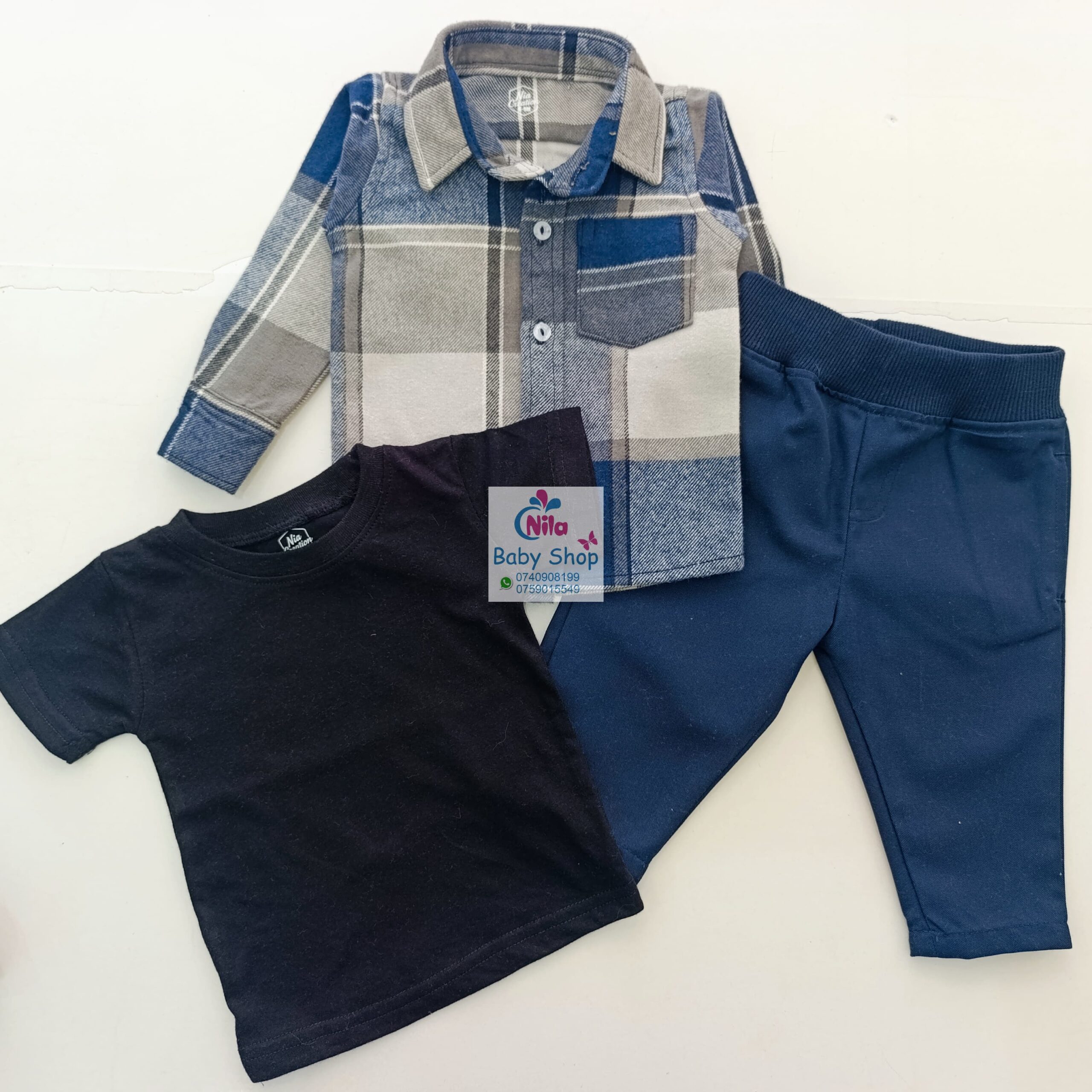 Kids 3 Piece Plaid Shirt Set – Long Sleeve Checkered Shirt, Plain White T-Shirt & Khaki Pants - Image 6
