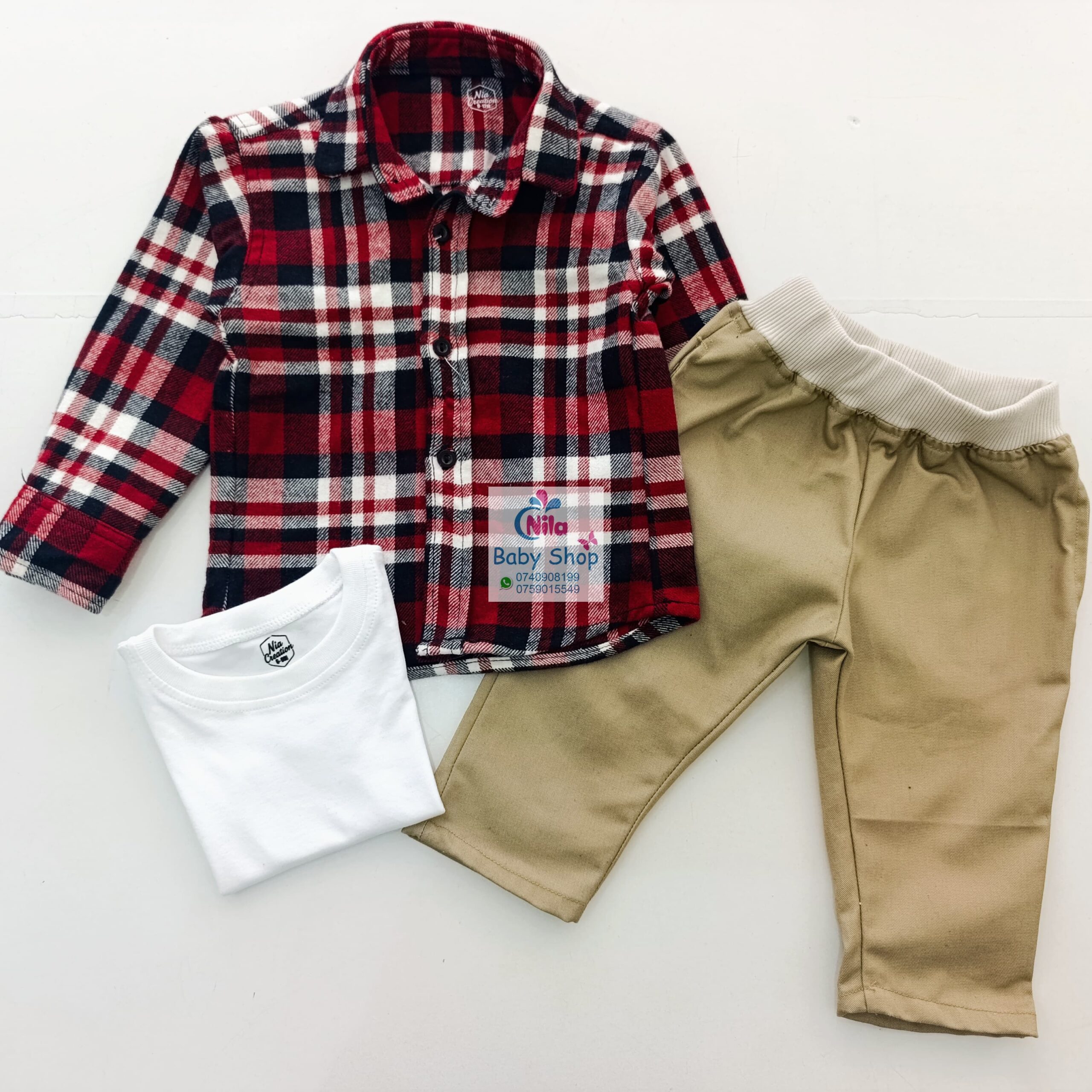 Kids 3 Piece Plaid Shirt Set – Long Sleeve Checkered Shirt, Plain White T-Shirt & Khaki Pants - Image 5
